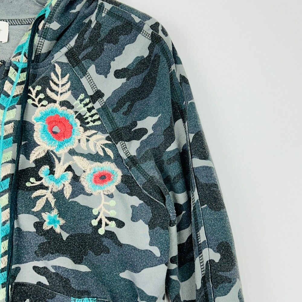 Women's Camouflage Hoodie Full Zip Embroidered Raw Edge Army Gray S Shabby Chic - Picture 6 of 16
